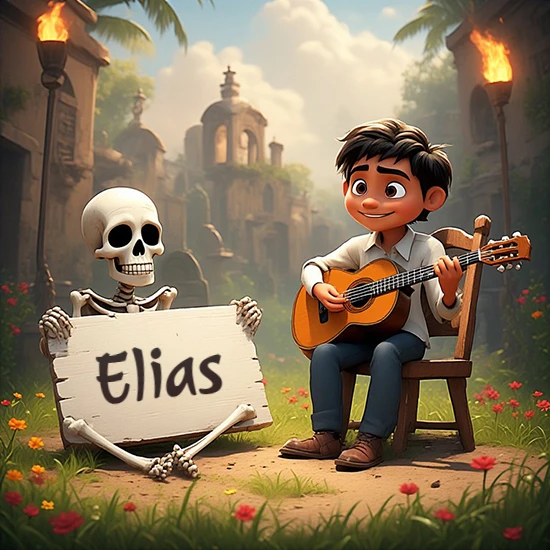 Jardín de flores. Niño pequeño tocando la guitarra junto a un lindo esqueleto con sombrero. El esqueleto sostiene un cartel de madera rectangular mostrando el nombre Elias en texto negro divertido.