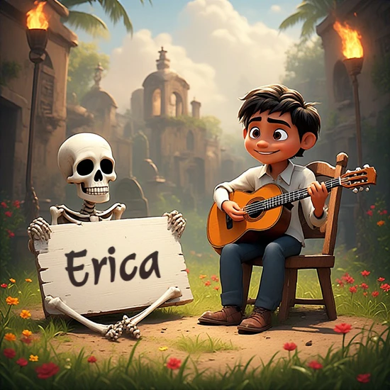 Jardín de flores. Niño pequeño tocando la guitarra junto a un lindo esqueleto con sombrero. El esqueleto sostiene un cartel de madera rectangular mostrando el nombre Erica en texto negro divertido.