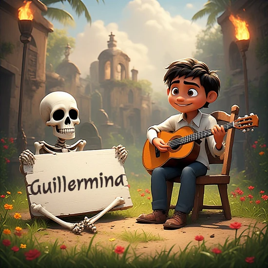 Jardín de flores. Niño pequeño tocando la guitarra junto a un lindo esqueleto con sombrero. El esqueleto sostiene un cartel de madera rectangular mostrando el nombre Guillermina en texto negro divertido.