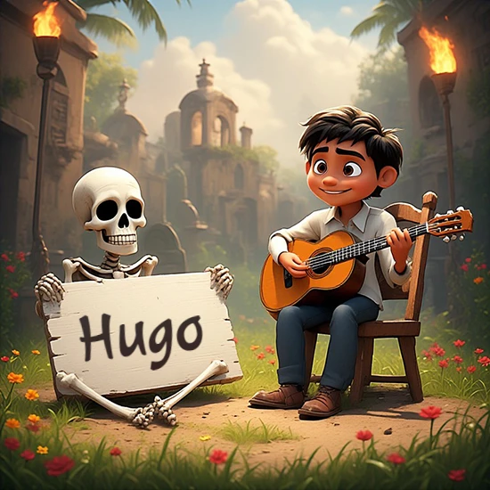 Jardín de flores. Niño pequeño tocando la guitarra junto a un lindo esqueleto con sombrero. El esqueleto sostiene un cartel de madera rectangular mostrando el nombre Hugo en texto negro divertido.