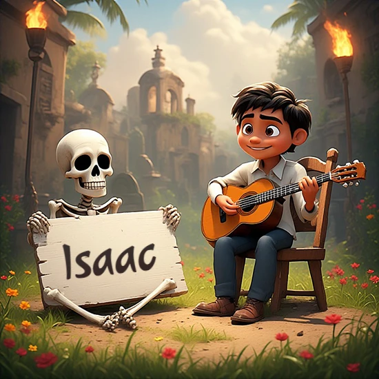 Jardín de flores. Niño pequeño tocando la guitarra junto a un lindo esqueleto con sombrero. El esqueleto sostiene un cartel de madera rectangular mostrando el nombre Isaac en texto negro divertido.