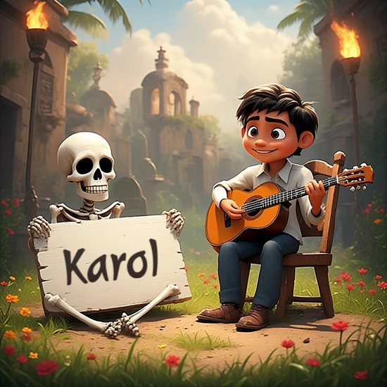 Jardín de flores. Niño pequeño tocando la guitarra junto a un lindo esqueleto con sombrero. El esqueleto sostiene un cartel de madera rectangular mostrando el nombre Karol en texto negro divertido.