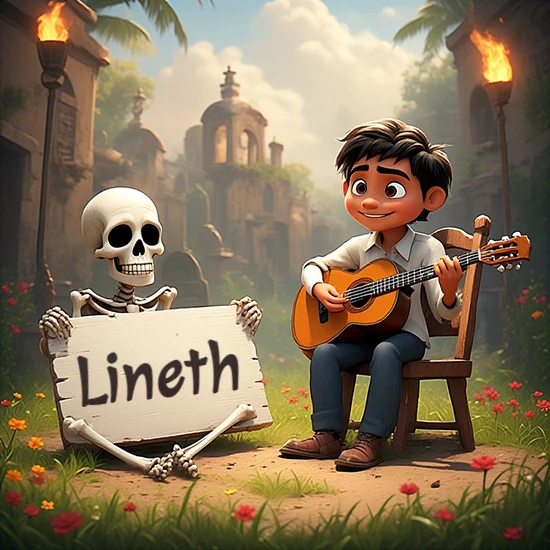 Jardín de flores. Niño pequeño tocando la guitarra junto a un lindo esqueleto con sombrero. El esqueleto sostiene un cartel de madera rectangular mostrando el nombre Lineth en texto negro divertido.