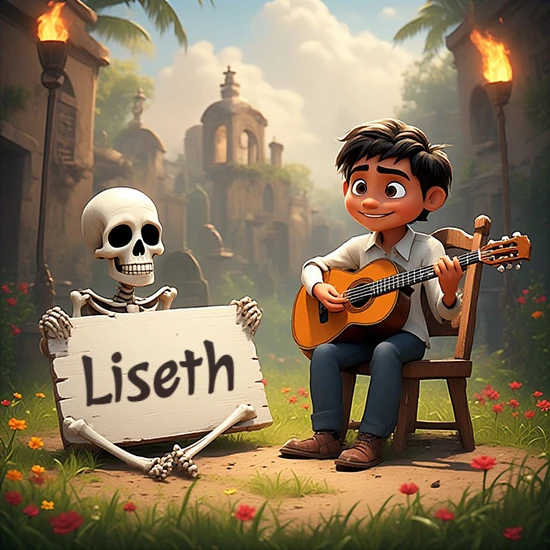 Jardín de flores. Niño pequeño tocando la guitarra junto a un lindo esqueleto con sombrero. El esqueleto sostiene un cartel de madera rectangular mostrando el nombre Liseth en texto negro divertido.