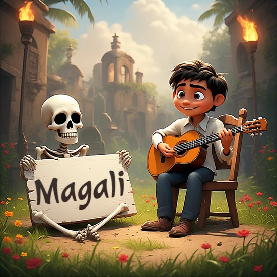 Jardín de flores. Niño pequeño tocando la guitarra junto a un lindo esqueleto con sombrero. El esqueleto sostiene un cartel de madera rectangular mostrando el nombre Magali en texto negro divertido.