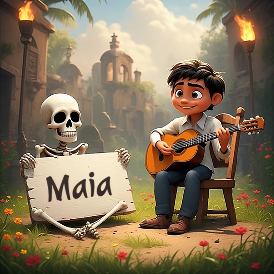 Jardín de flores. Niño pequeño tocando la guitarra junto a un lindo esqueleto con sombrero. El esqueleto sostiene un cartel de madera rectangular mostrando el nombre Maia en texto negro divertido.