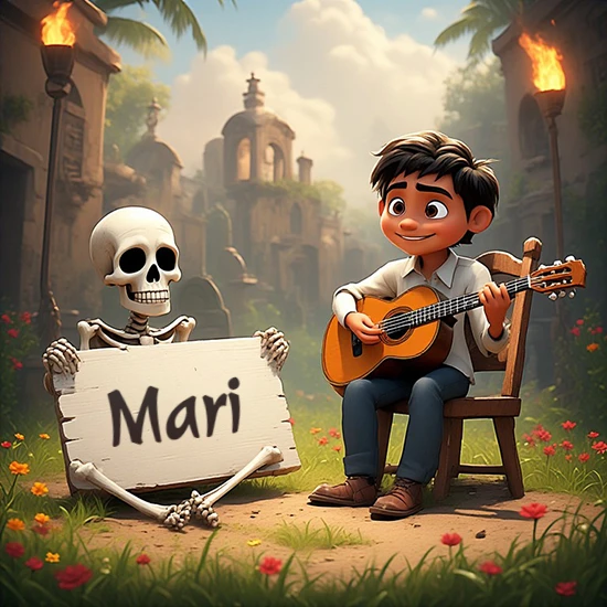 Jardín de flores. Niño pequeño tocando la guitarra junto a un lindo esqueleto con sombrero. El esqueleto sostiene un cartel de madera rectangular mostrando el nombre Mari en texto negro divertido.