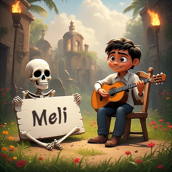 Jardín de flores. Niño pequeño tocando la guitarra junto a un lindo esqueleto con sombrero. El esqueleto sostiene un cartel de madera rectangular mostrando el nombre Meli en texto negro divertido.