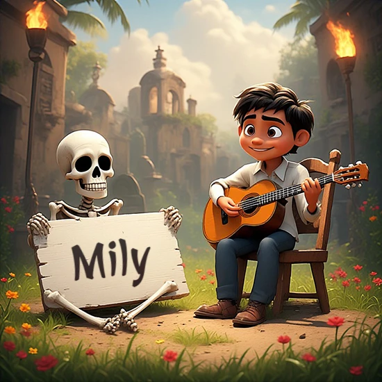 Jardín de flores. Niño pequeño tocando la guitarra junto a un lindo esqueleto con sombrero. El esqueleto sostiene un cartel de madera rectangular mostrando el nombre Mily en texto negro divertido.