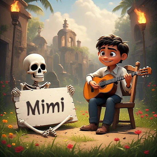 Jardín de flores. Niño pequeño tocando la guitarra junto a un lindo esqueleto con sombrero. El esqueleto sostiene un cartel de madera rectangular mostrando el nombre Mimi en texto negro divertido.