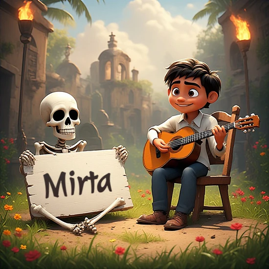 Jardín de flores. Niño pequeño tocando la guitarra junto a un lindo esqueleto con sombrero. El esqueleto sostiene un cartel de madera rectangular mostrando el nombre Mirta en texto negro divertido. Jardín de flores. Niño pequeño tocando la guitarra junto a un lindo esqueleto con sombrero. El esqueleto sostiene un cartel de madera rectangular mostrando el nombre Mirta en texto negro divertido.