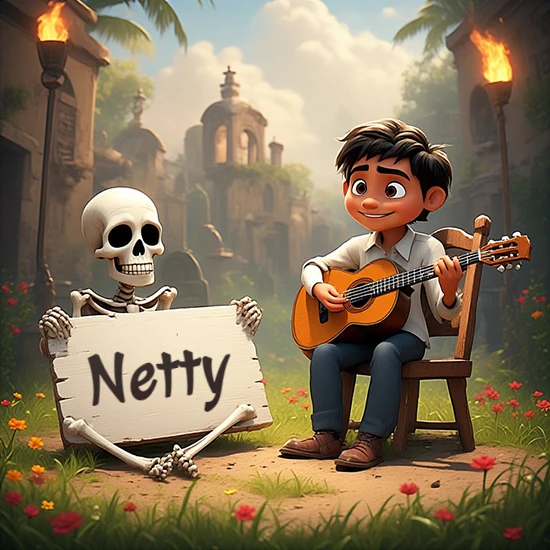 Jardín de flores. Niño pequeño tocando la guitarra junto a un lindo esqueleto con sombrero. El esqueleto sostiene un cartel de madera rectangular mostrando el nombre Netty en texto negro divertido. Jardín de flores. Niño pequeño tocando la guitarra junto a un lindo esqueleto con sombrero. El esqueleto sostiene un cartel de madera rectangular mostrando el nombre Netty en texto negro divertido.