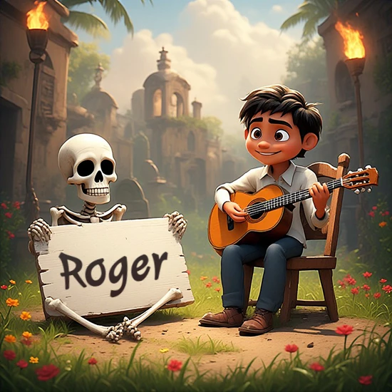 Jardín de flores. Niño pequeño tocando la guitarra junto a un lindo esqueleto con sombrero. El esqueleto sostiene un cartel de madera rectangular mostrando el nombre Roger en texto negro divertido.