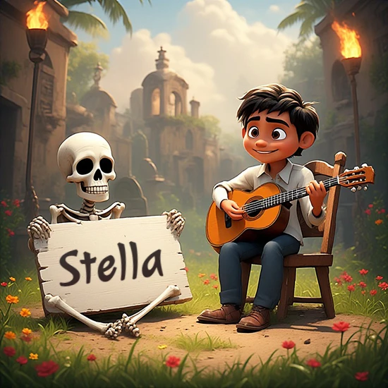 Jardín de flores. Niño pequeño tocando la guitarra junto a un lindo esqueleto con sombrero. El esqueleto sostiene un cartel de madera rectangular mostrando el nombre Stella en texto negro divertido.