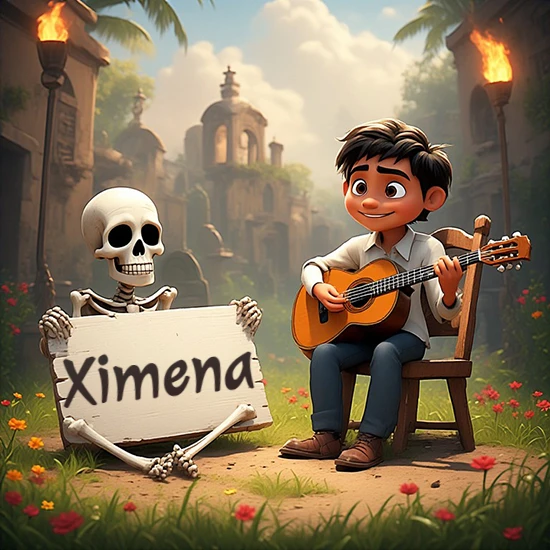 Jardín de flores. Niño pequeño tocando la guitarra junto a un lindo esqueleto con sombrero. El esqueleto sostiene un cartel de madera rectangular mostrando el nombre Ximena en texto negro divertido.