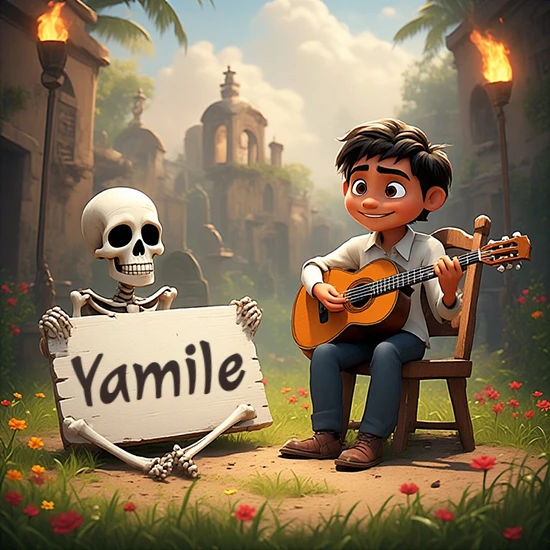 Jardín de flores. Niño pequeño tocando la guitarra junto a un lindo esqueleto con sombrero. El esqueleto sostiene un cartel de madera rectangular mostrando el nombre Yamile en texto negro divertido.