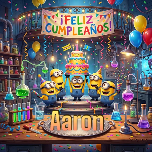 Minions celebrando en un laboratorio con una gran torta y el nombre Aaron