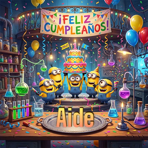 Minions celebrando en un laboratorio con una gran torta y el nombre Aide