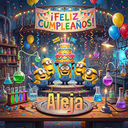 Minions celebrando en un laboratorio con una gran torta y el nombre Aleja