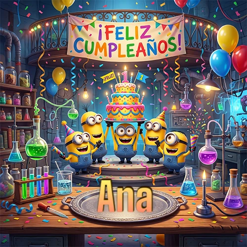Minions celebrando en un laboratorio con una gran torta y el nombre Ana