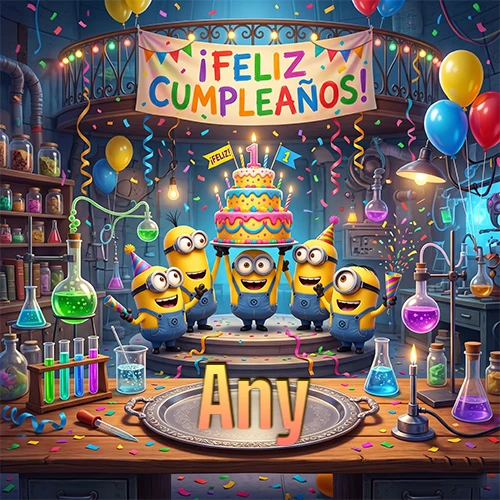 Minions celebrando en un laboratorio con una gran torta y el nombre Any