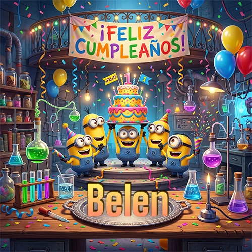 Minions celebrando en un laboratorio con una gran torta y el nombre Belen