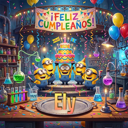 Minions celebrando en un laboratorio con una gran torta y el nombre Ely