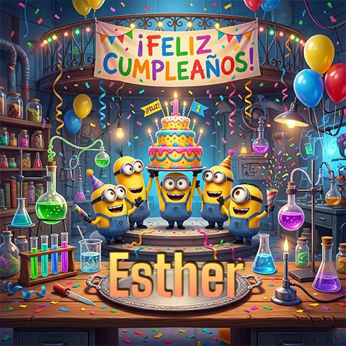 Minions celebrando en un laboratorio con una gran torta y el nombre Esther