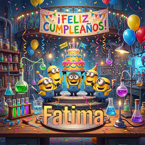 Minions celebrando en un laboratorio con una gran torta y el nombre Fatima