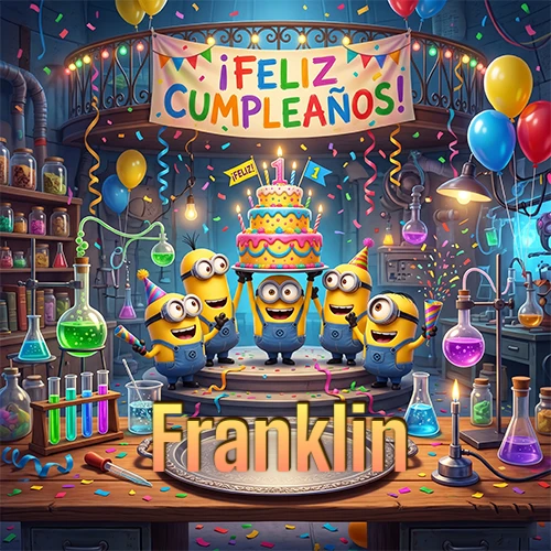 Minions celebrando en un laboratorio con una gran torta y el nombre Franklin