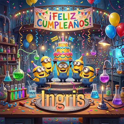 Minions celebrando en un laboratorio con una gran torta y el nombre Ingris