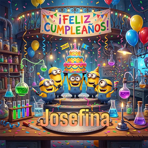 Minions celebrando en un laboratorio con una gran torta y el nombre Josefina