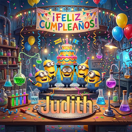 Minions celebrando en un laboratorio con una gran torta y el nombre Judith