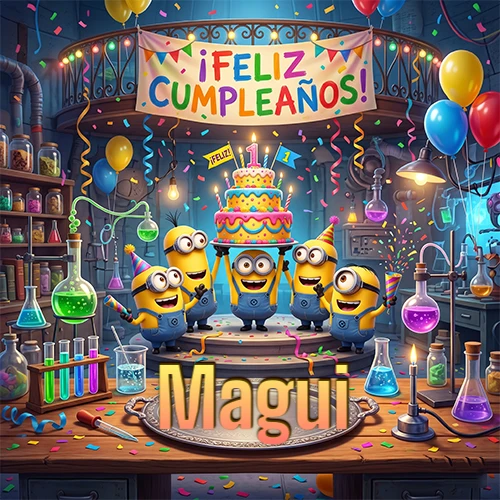 Minions celebrando en un laboratorio con una gran torta y el nombre Magui