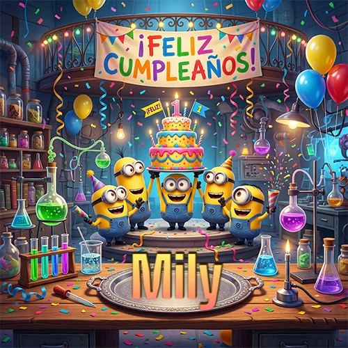 Minions celebrando en un laboratorio con una gran torta y el nombre Mily