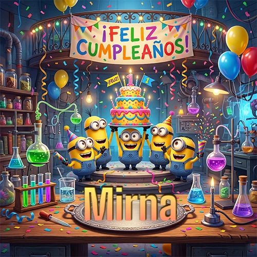 Minions celebrando en un laboratorio con una gran torta y el nombre Mirna