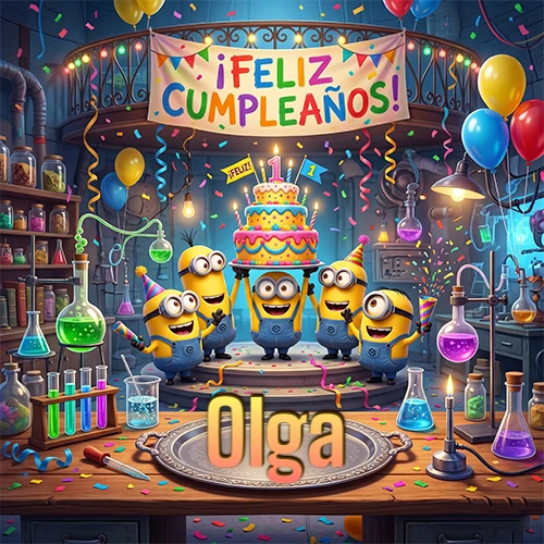 Minions celebrando en un laboratorio con una gran torta y el nombre Olga