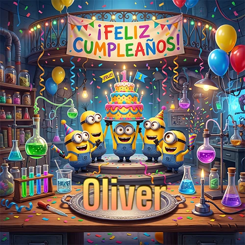 Minions celebrando en un laboratorio con una gran torta y el nombre Oliver
