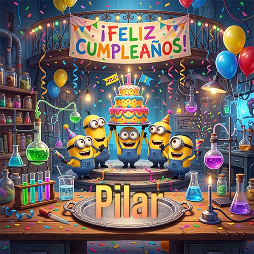Minions celebrando en un laboratorio con una gran torta y el nombre Pilar