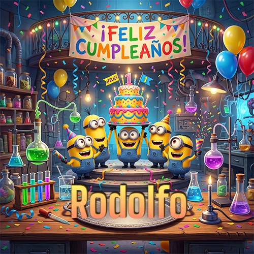 Minions celebrando en un laboratorio con una gran torta y el nombre Rodolfo