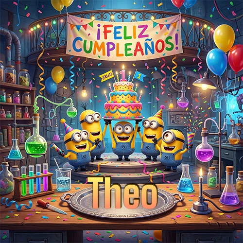Minions celebrando en un laboratorio con una gran torta y el nombre Theo