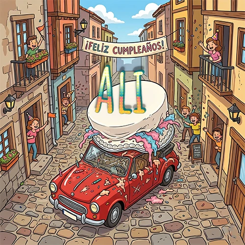 Un pueblo europeo celebrando un cumpleaños con un auto rojo cargando una torta y el nombre Ali flotando