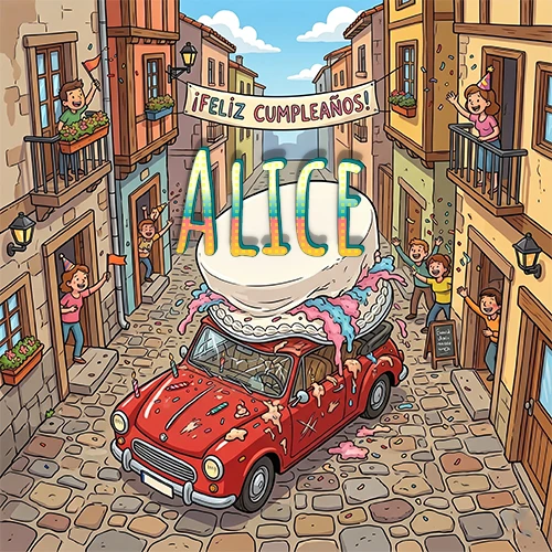Un pueblo europeo celebrando un cumpleaños con un auto rojo cargando una torta y el nombre Alice flotando