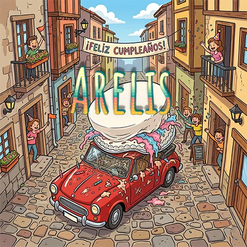 Un pueblo europeo celebrando un cumpleaños con un auto rojo cargando una torta y el nombre Arelis flotando