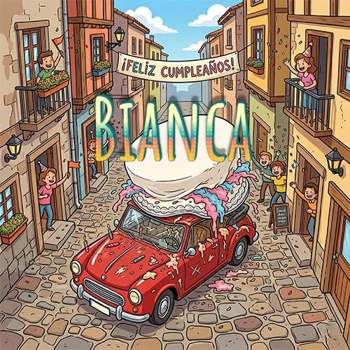 Un pueblo europeo celebrando un cumpleaños con un auto rojo cargando una torta y el nombre Bianca flotando