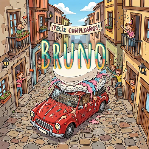 Un pueblo europeo celebrando un cumpleaños con un auto rojo cargando una torta y el nombre Bruno flotando