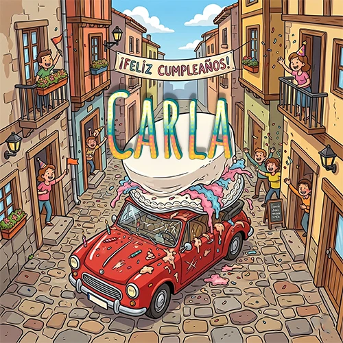 Un pueblo europeo celebrando un cumpleaños con un auto rojo cargando una torta y el nombre Carla flotando