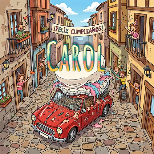 Un pueblo europeo celebrando un cumpleaños con un auto rojo cargando una torta y el nombre Carol flotando