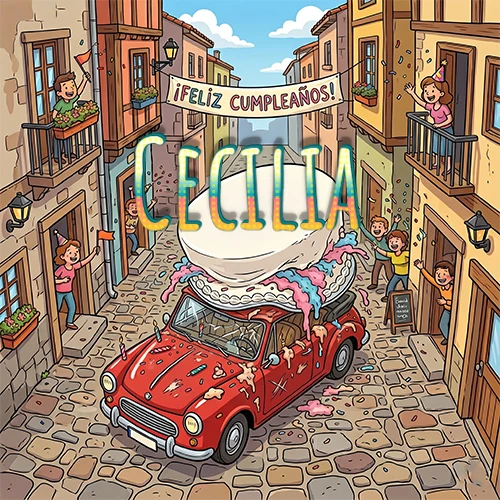 Un pueblo europeo celebrando un cumpleaños con un auto rojo cargando una torta y el nombre Cecilia flotando