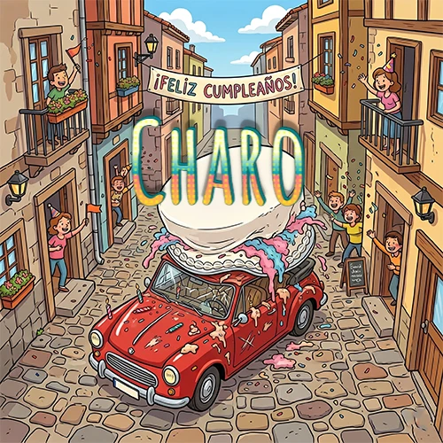 Un pueblo europeo celebrando un cumpleaños con un auto rojo cargando una torta y el nombre Charo flotando
